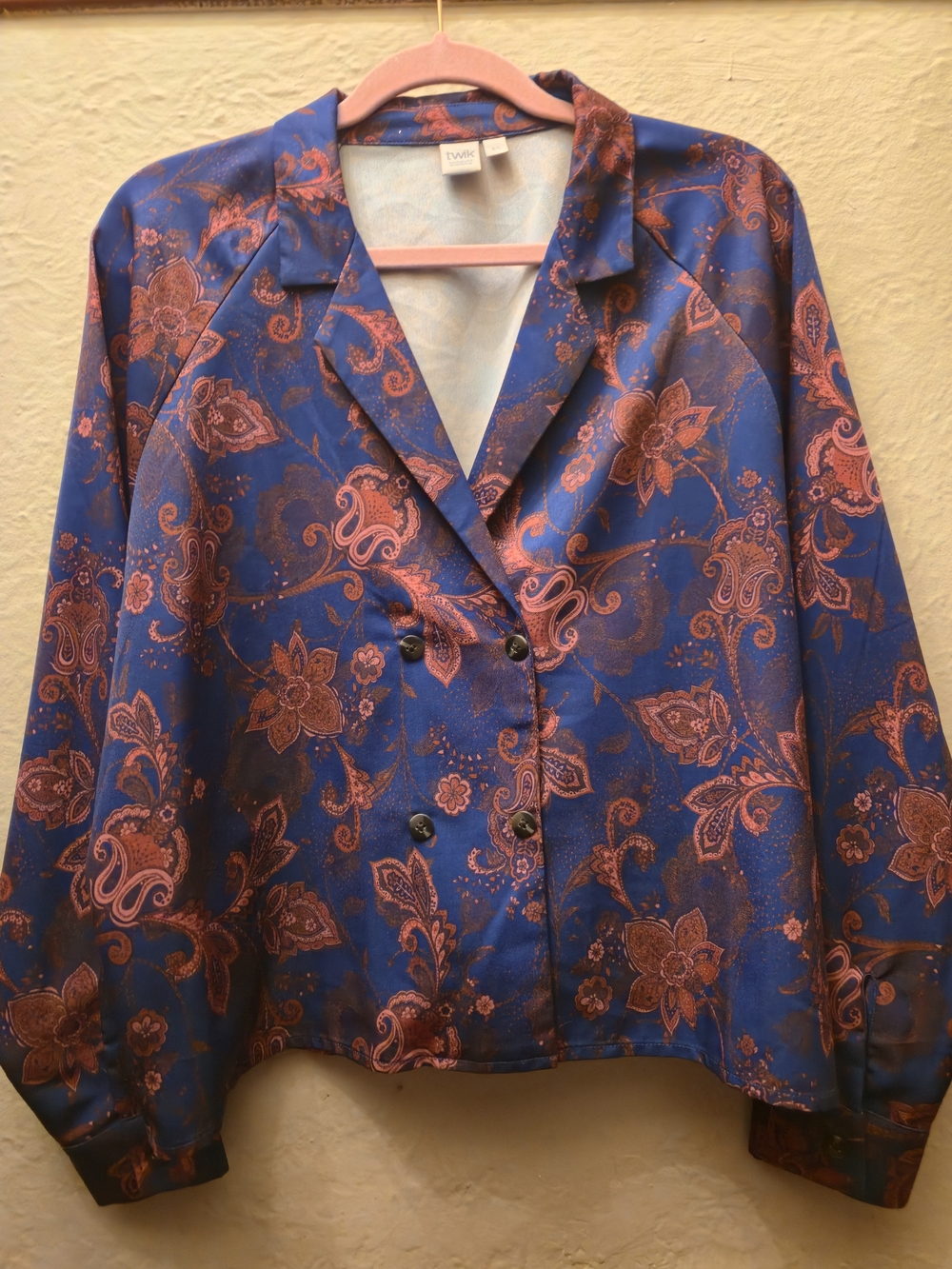 🔥3/15$Twik Simons Blue Paisley Satin Button Up Blouse Size L Retro Floral Shirt - Picture 6 of 9